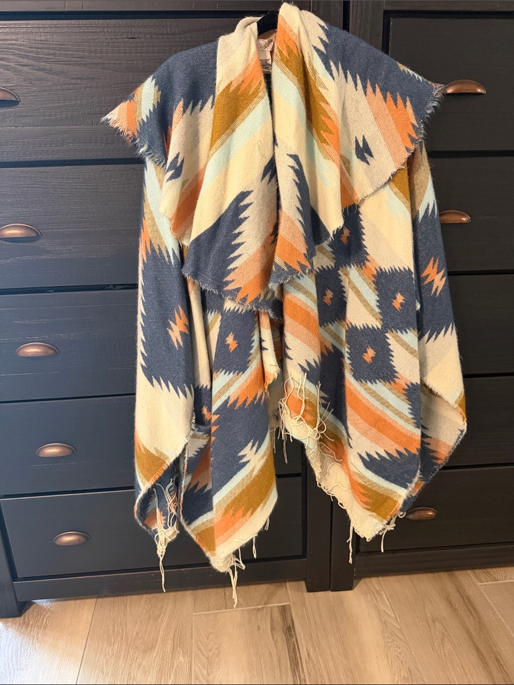 Free People Aztec Draped Cape in Navy, Cream & Rust